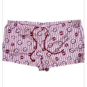 Coca Cola Red White Striped Coke Print Silky Sleep Shorts Pull On Cinch Waist
